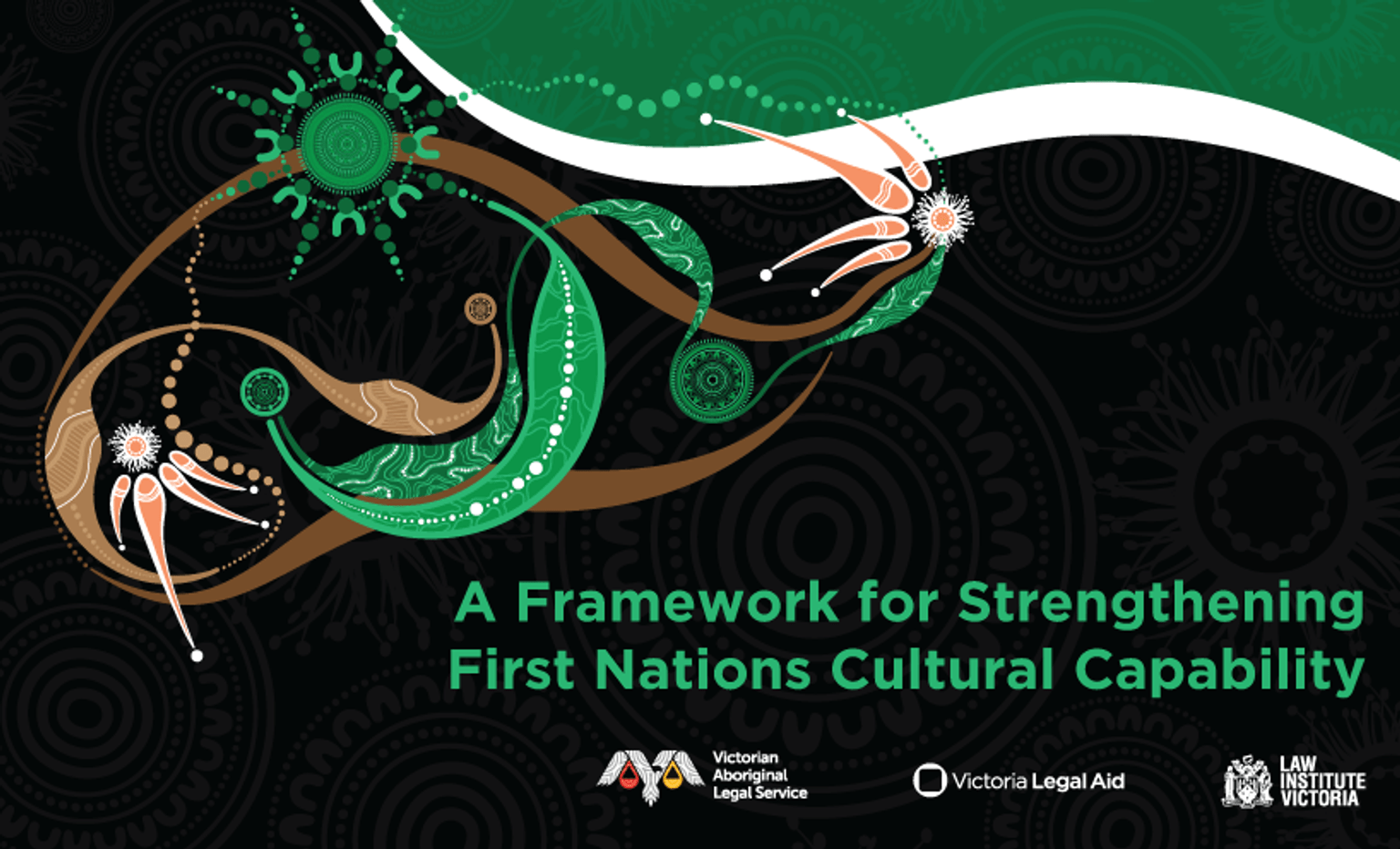 First Nations artwork accompanying logos for the Victorian Aboriginal Legal Service, Victoria Legal Aid and the Law Institute of Victoria
